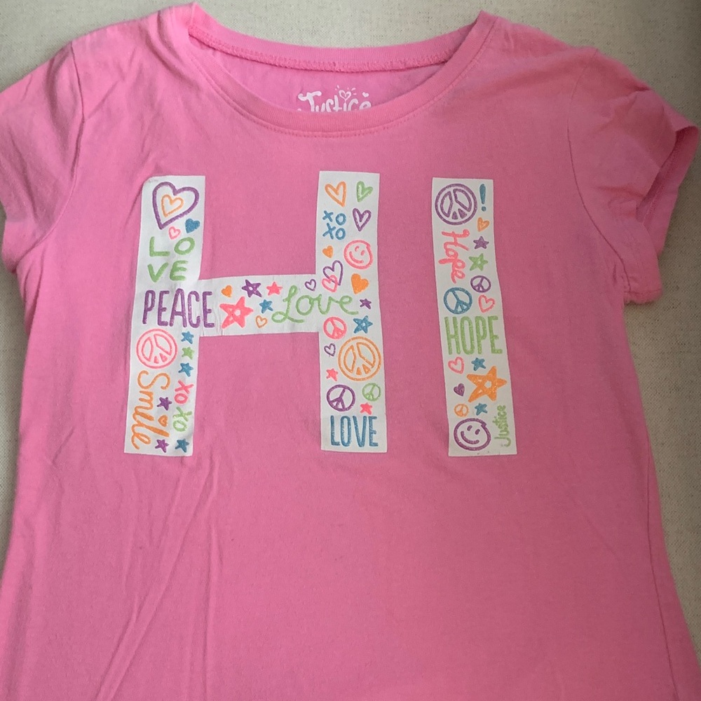 Justice Pink Tee with Colorful 'HI' and ‘Bye’ Graphics